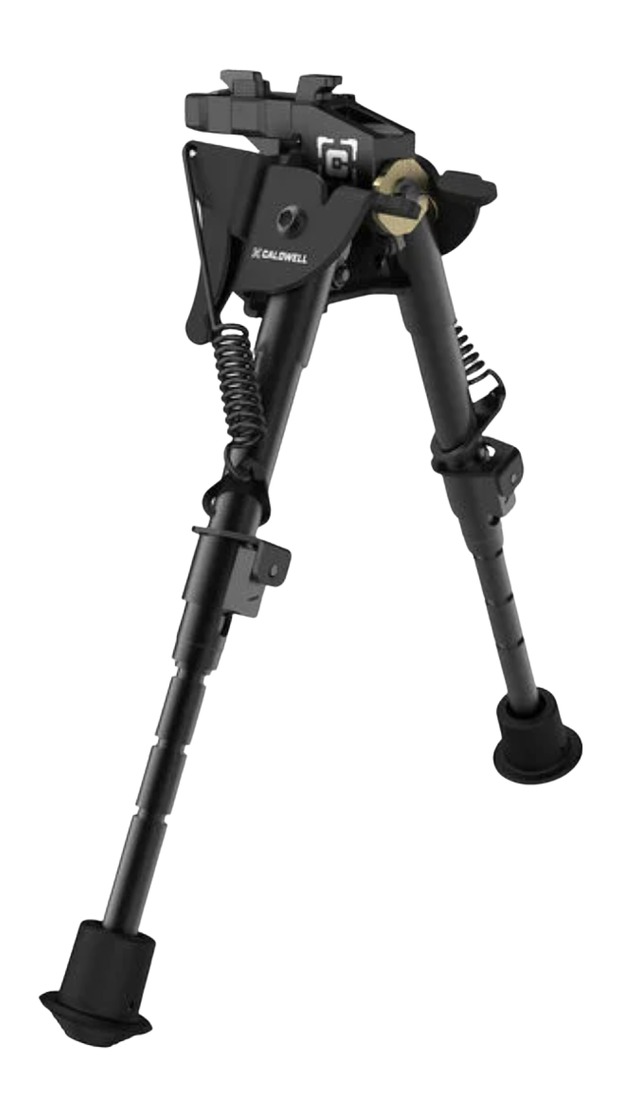 Black adjustable rifle bipod with spring-loaded legs