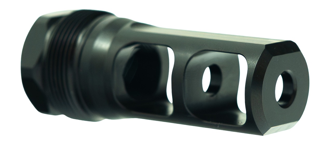 Black threaded metal muzzle brake with side ports