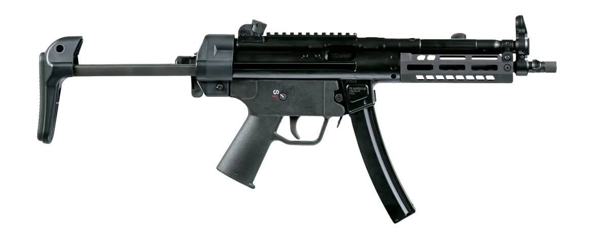 Black compact submachine gun with folding stock