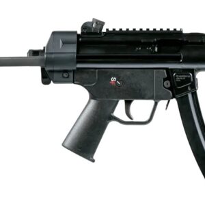 Black MP5-style submachine gun with folding stock