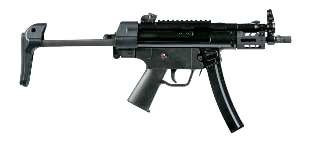 Black MP5-style submachine gun with folding stock