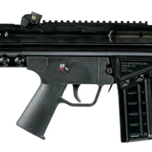 Black compact rifle with folding stock and magazine