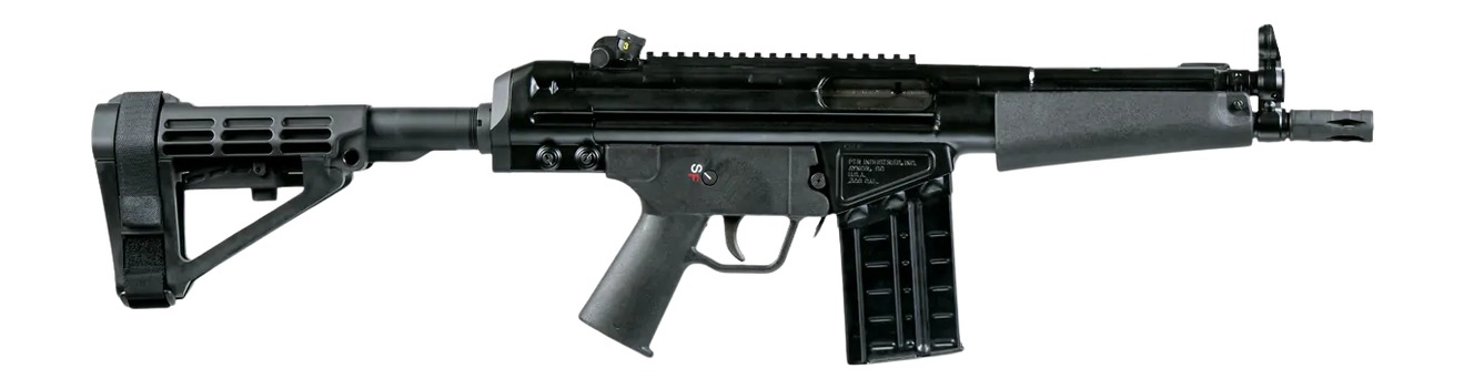 Black compact rifle with folding stock and magazine