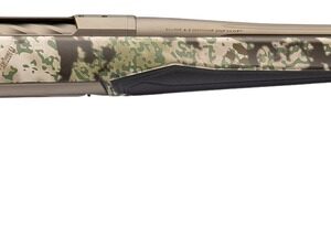 Camouflage bolt-action rifle with long threaded barrel