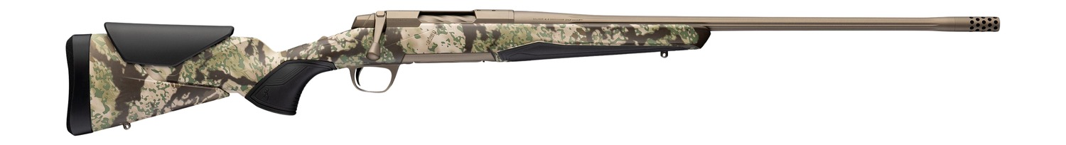 Camouflage bolt-action rifle with long threaded barrel