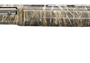 Camouflage-patterned semi-automatic shotgun displayed in side profile