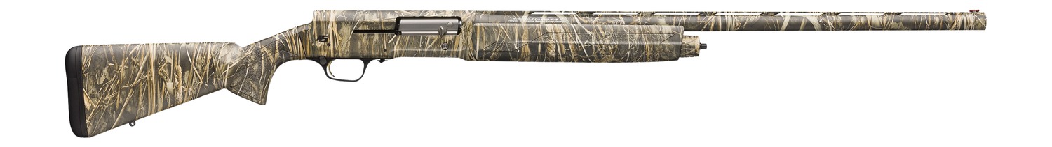 Camouflage-patterned semi-automatic shotgun displayed in side profile