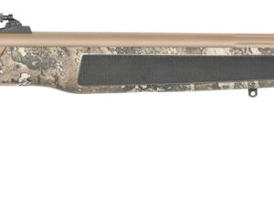 Camouflage-stock bolt-action hunting rifle on white background