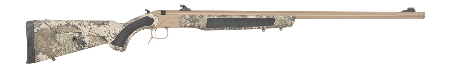 Camouflage-stock bolt-action hunting rifle on white background