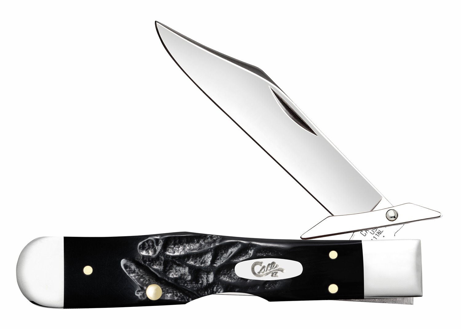 Open folding pocketknife with black handle and silver blade