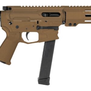 Tan compact firearm with brace, magazine, and suppressor