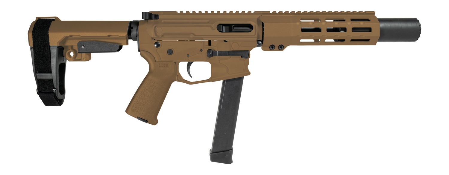 Tan compact firearm with brace, magazine, and suppressor