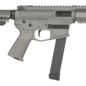 Gray compact firearm with brace and extended magazine