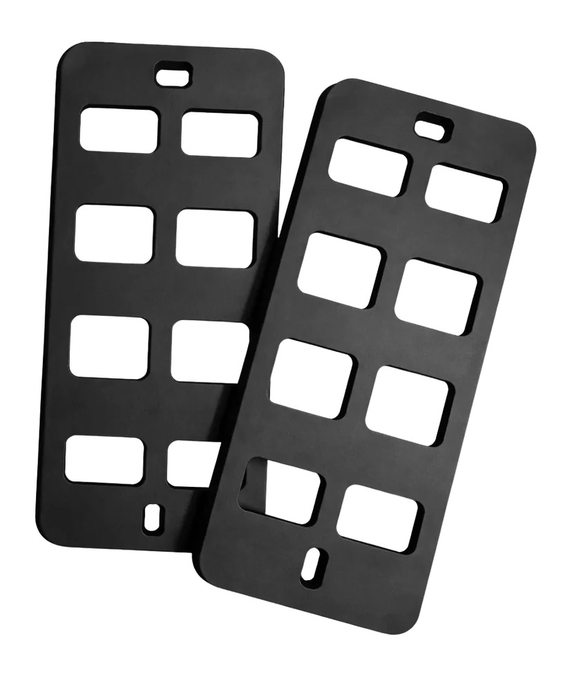Two black metal mounting plates with rectangular cutouts