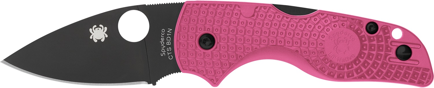 Pink-handled Spyderco folding knife with black blade