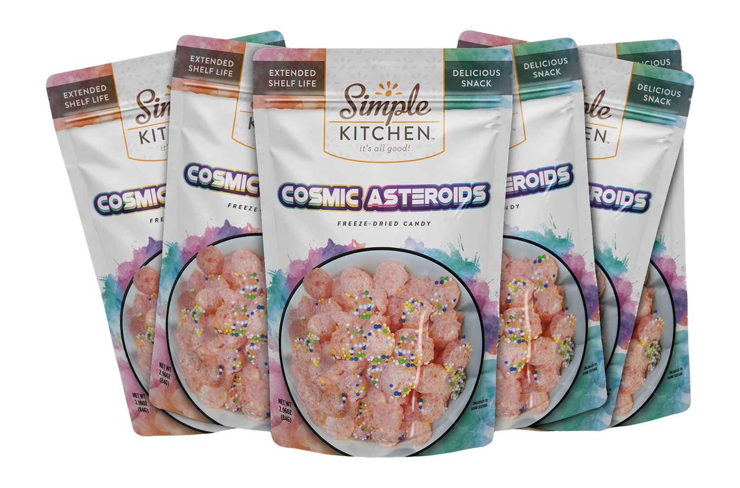 Six Simple Kitchen Cosmic Asteroids freeze-dried candy pouches