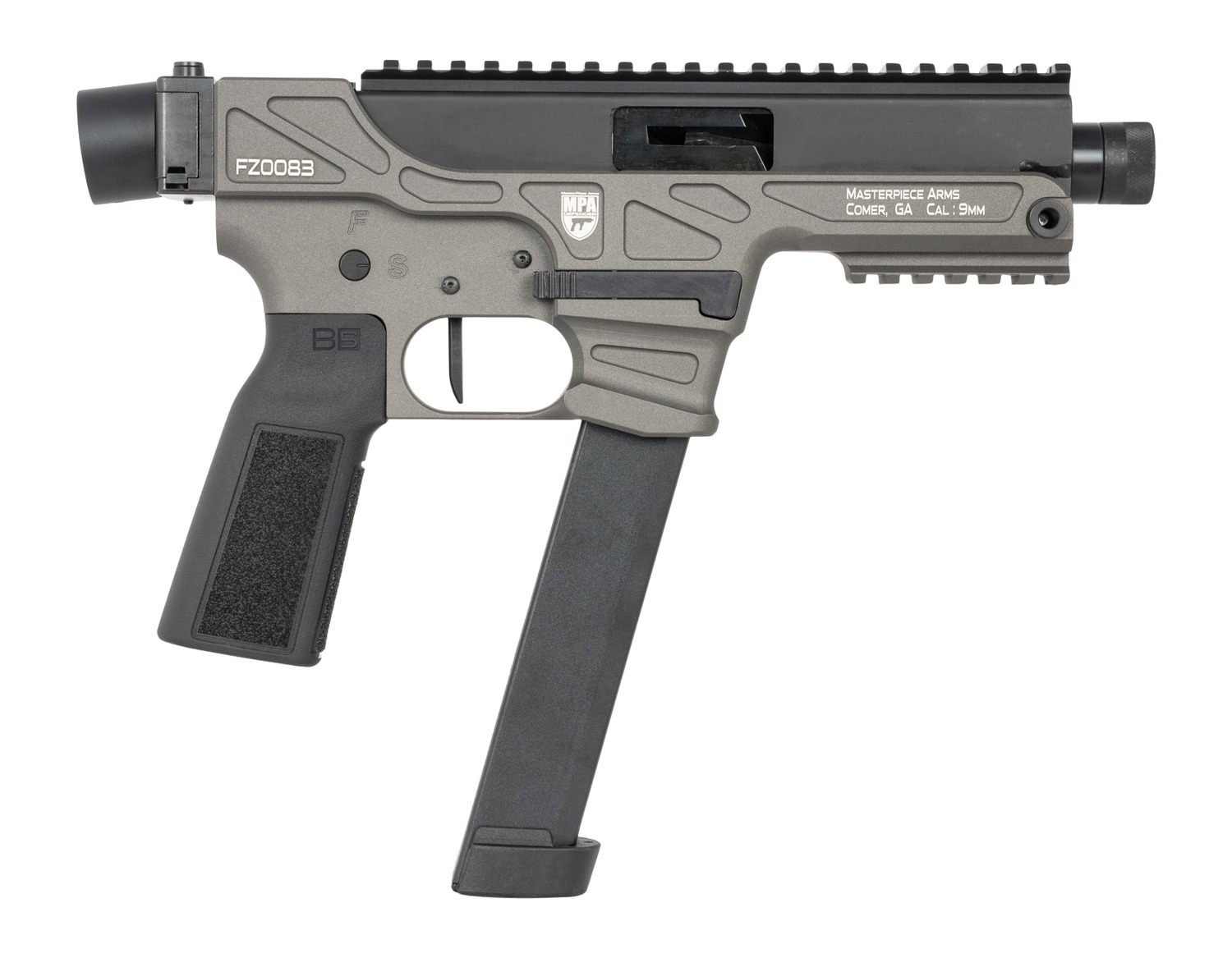 MasterPiece Arms 9mm compact firearm with extended magazine