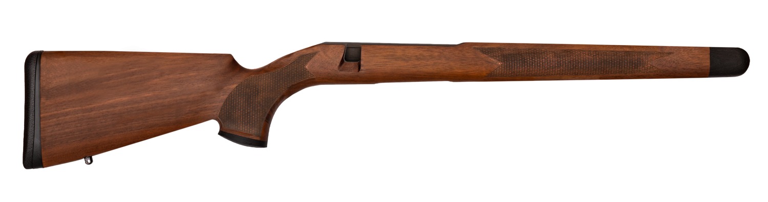 Wooden rifle stock with checkered grip and fore-end