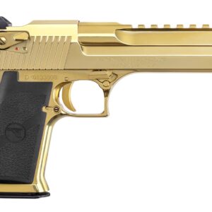 Gold Desert Eagle pistol with black grip on white background