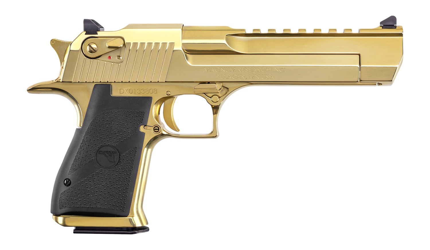 Gold Desert Eagle pistol with black grip on white background
