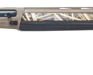 Camouflage-patterned semi-automatic shotgun on a white background