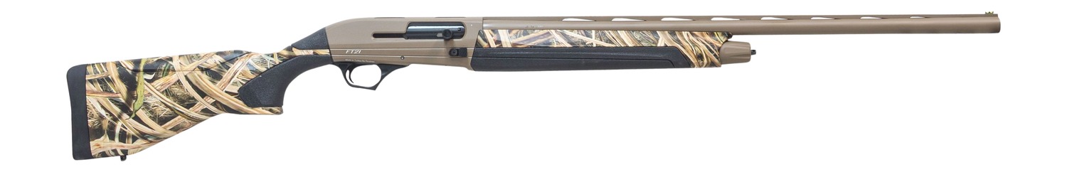 Camouflage-patterned semi-automatic shotgun on a white background