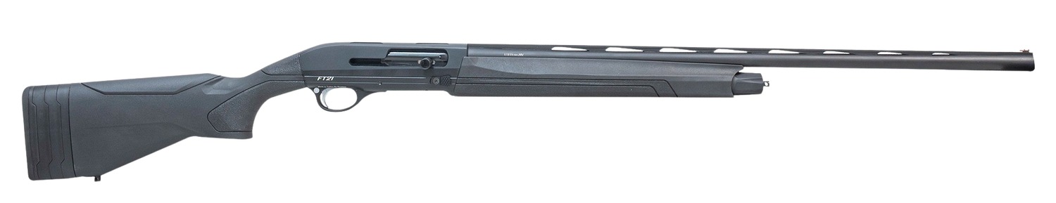 Black semi-automatic shotgun shown in side profile