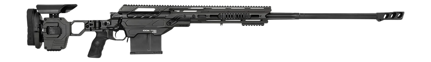 Black precision bolt-action rifle with adjustable stock