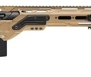 Tan bolt-action precision rifle with black adjustable stock