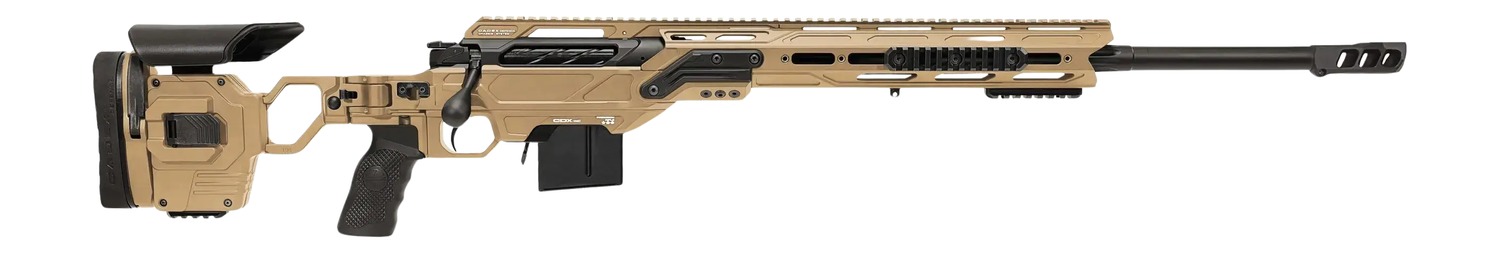 Tan bolt-action precision rifle with black adjustable stock