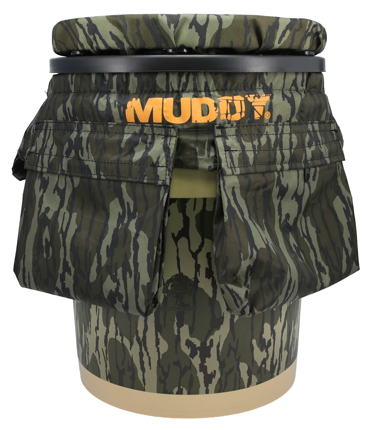 Muddy camouflage hunting bucket seat with storage pockets