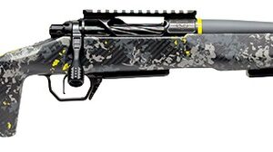 Gray camouflage bolt-action rifle with yellow accents