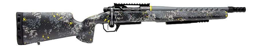 Gray camouflage bolt-action rifle with yellow accents