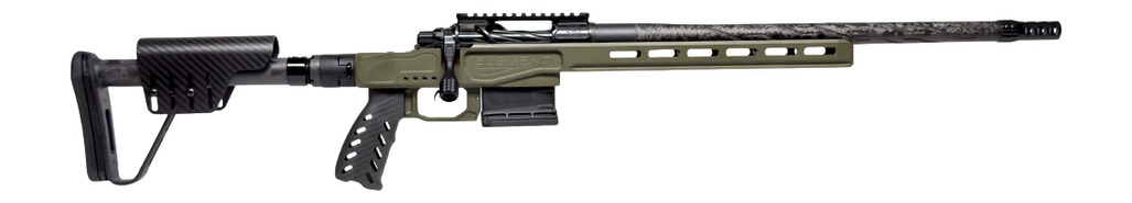 Olive green precision rifle with carbon fiber stock and barrel.