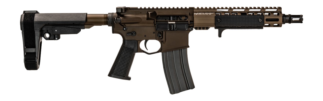 Compact AR-style rifle with brace and curved magazine