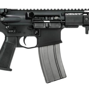 Black AR-style pistol with brace and curved magazine