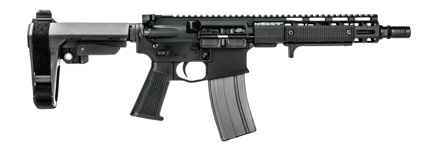 Black AR-style pistol with brace and curved magazine