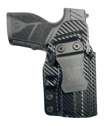 Carbon fiber holster holding a compact handgun grip