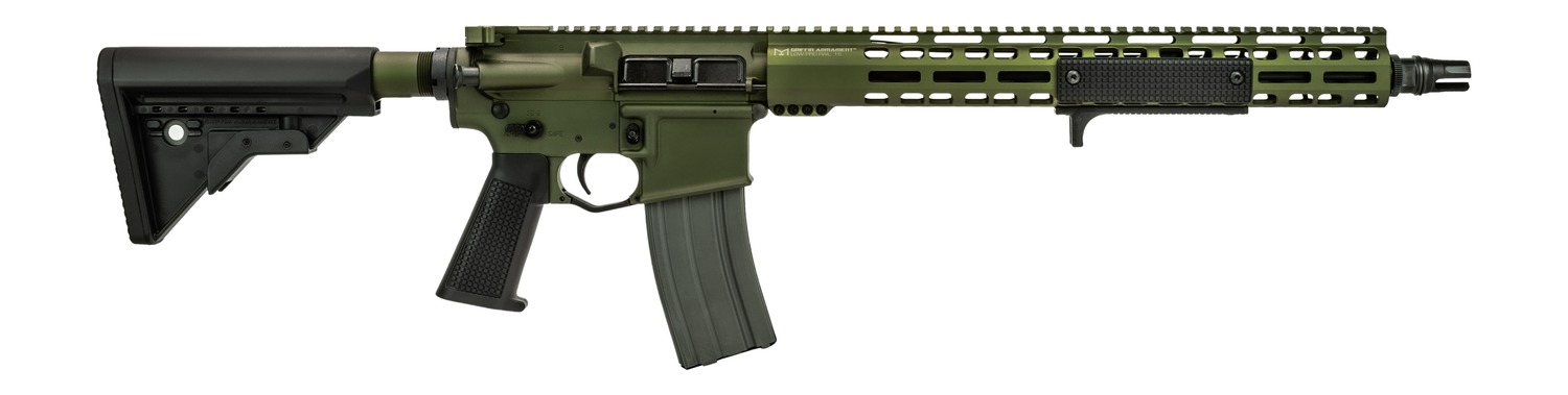 Olive green AR-style rifle with black adjustable stock