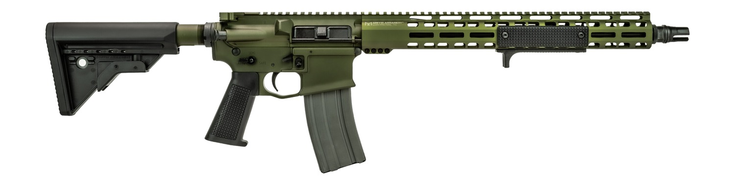 Olive green AR-style rifle with black adjustable stock