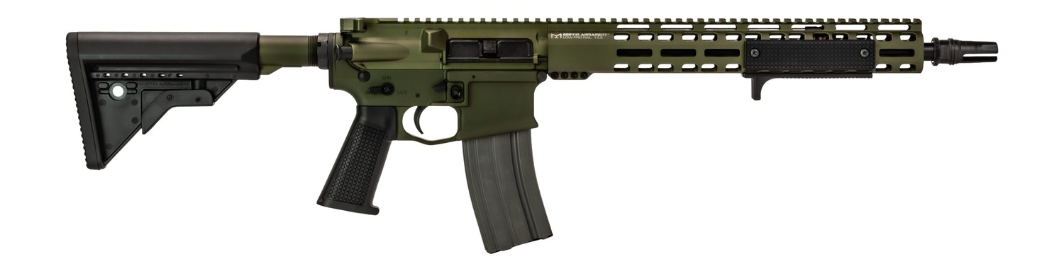 Olive green AR-style rifle with adjustable black stock