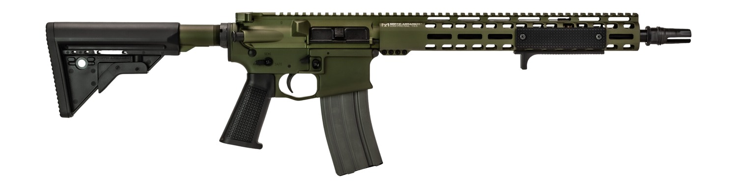 Olive-green AR-style rifle with adjustable stock and magazine