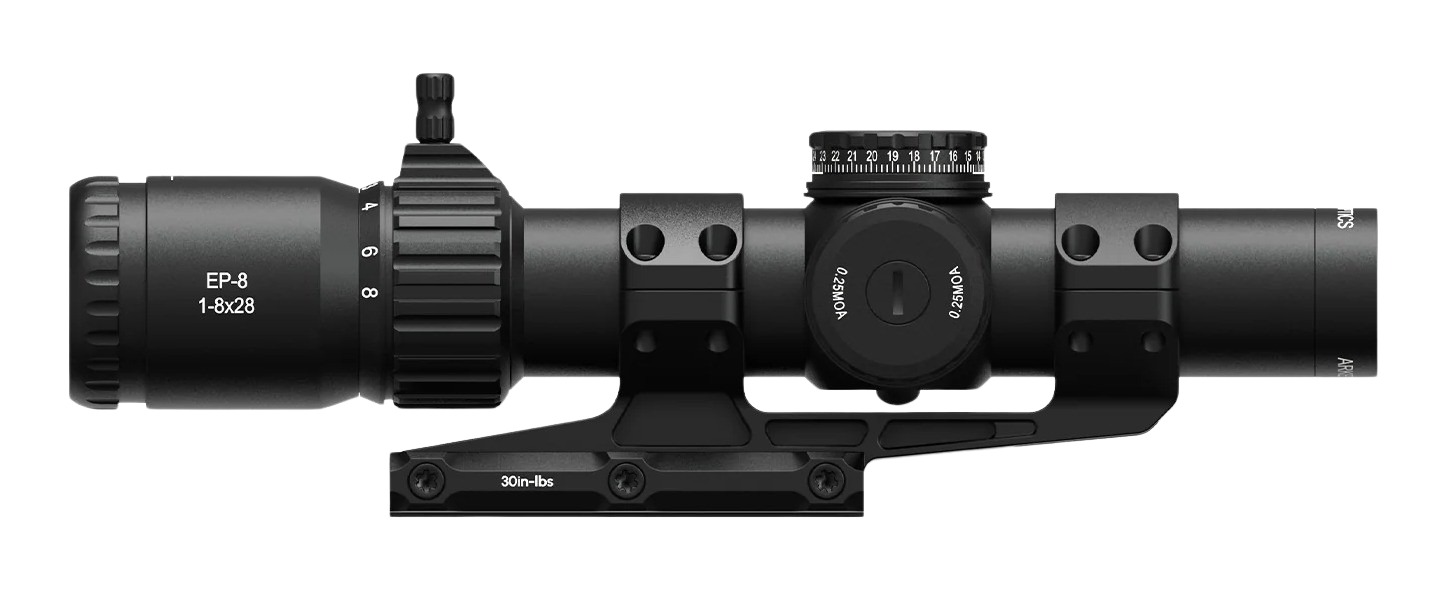 Black 1-8x28 rifle scope with mounted rings