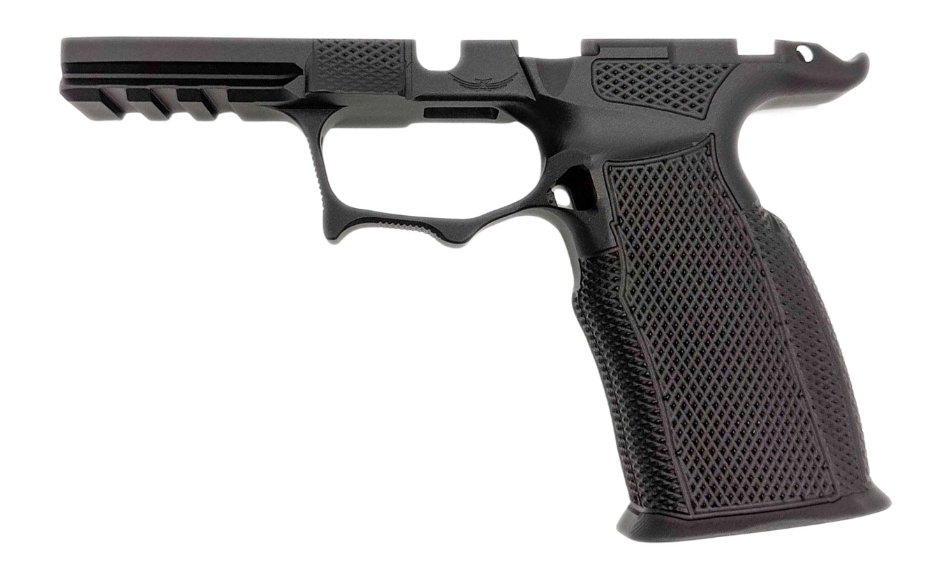 Black textured polymer pistol frame with accessory rail