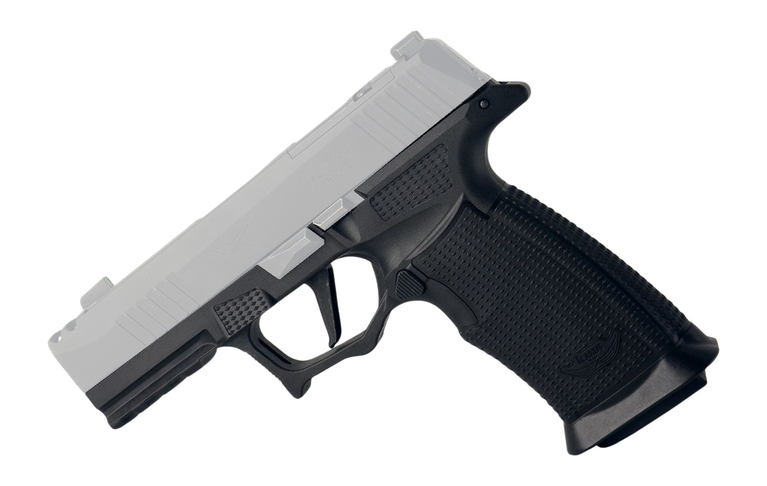 Black textured handgun grip frame with translucent slide overlay