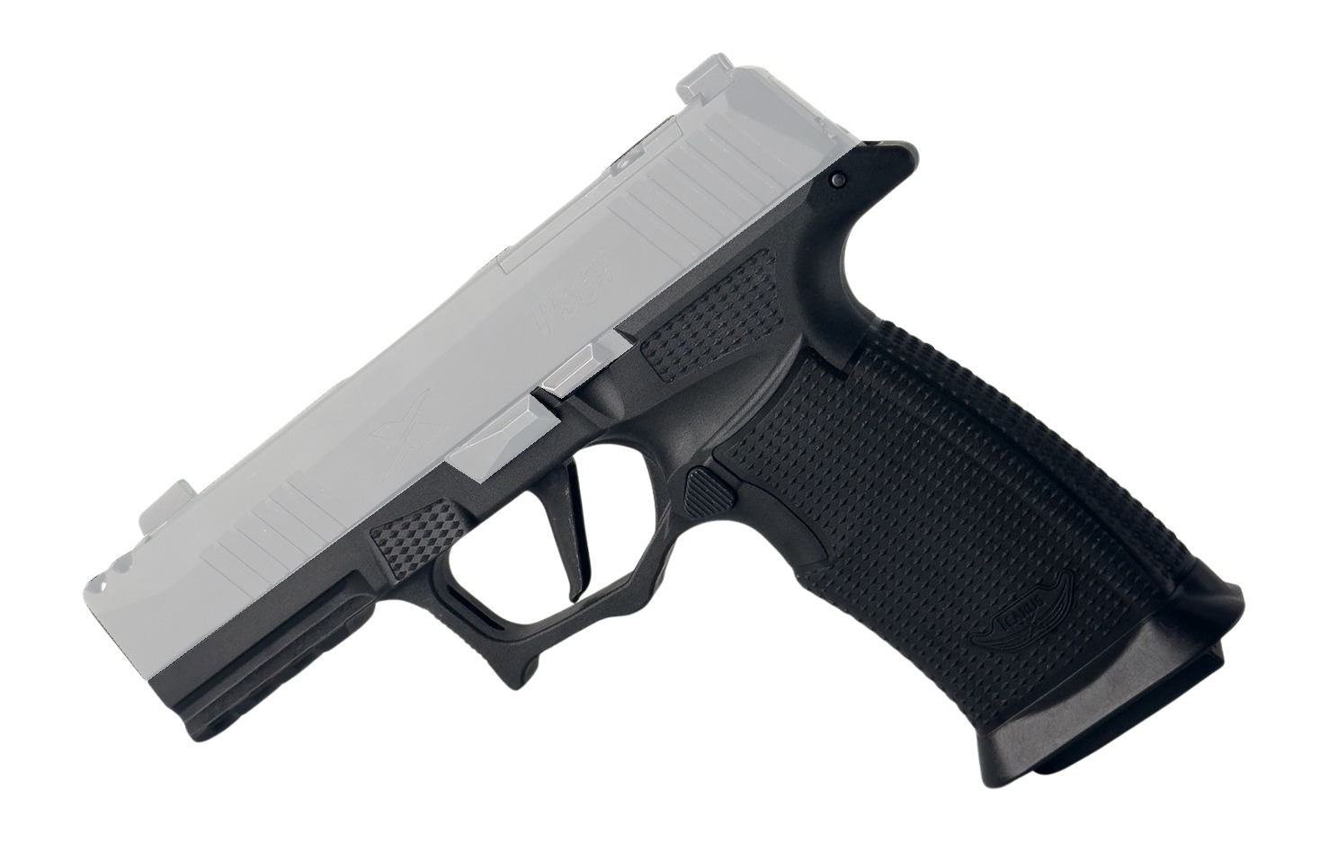 Black semi-automatic handgun with gray slide on white background