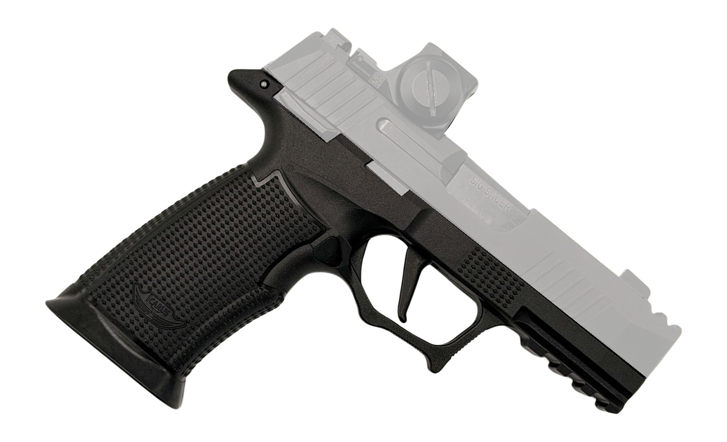 Handgun frame with translucent slide and mounted red-dot optic