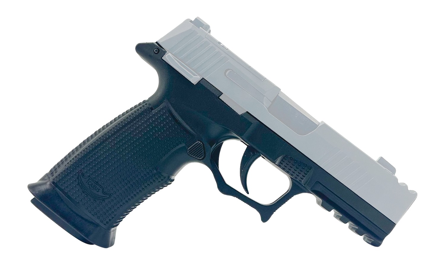 Black and silver semi-automatic handgun on white background