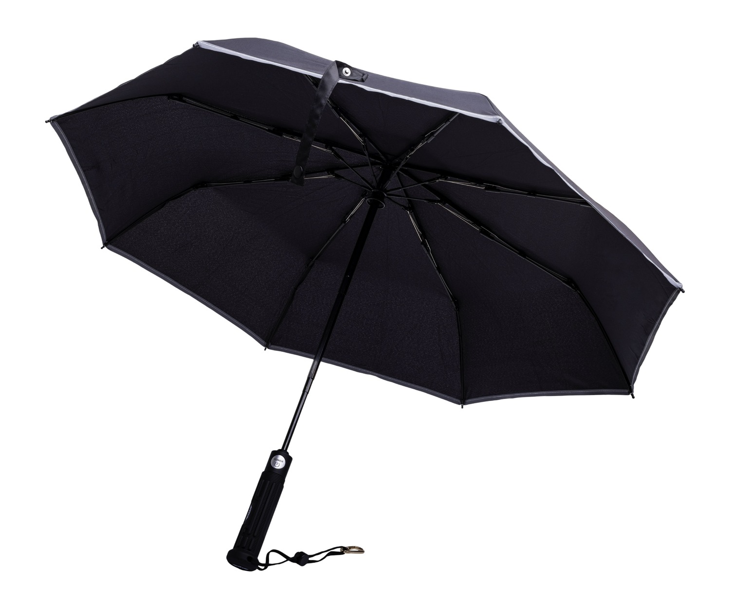 Black windproof umbrella with vented canopy and wrist strap