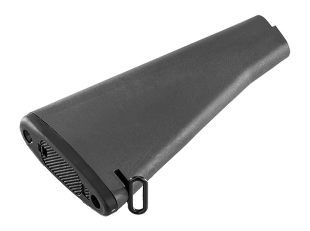 Black adjustable rifle stock with sling loop